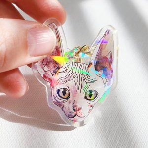 Pink Sphynx Cat Keychain, Cute Holographic Keychain, Holo Colorful Cat Lover